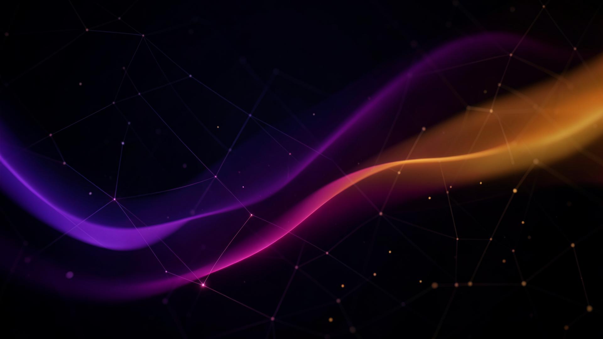 Ondas de luz em gradiente roxo e laranja sobre fundo escuro, representando conexões